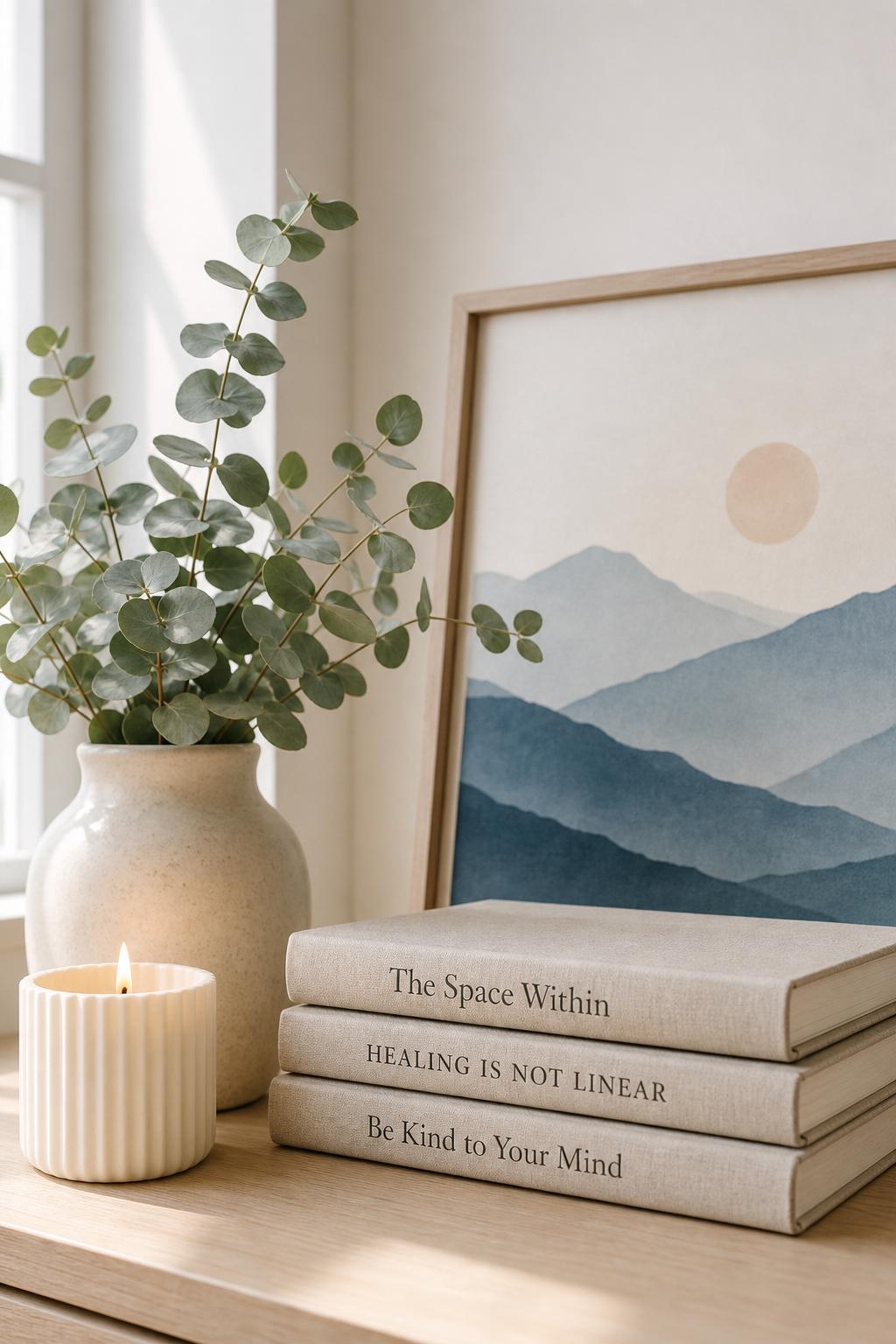 A calm corner with a vase of eucalyptus, a candle, books, and a framed mountain print